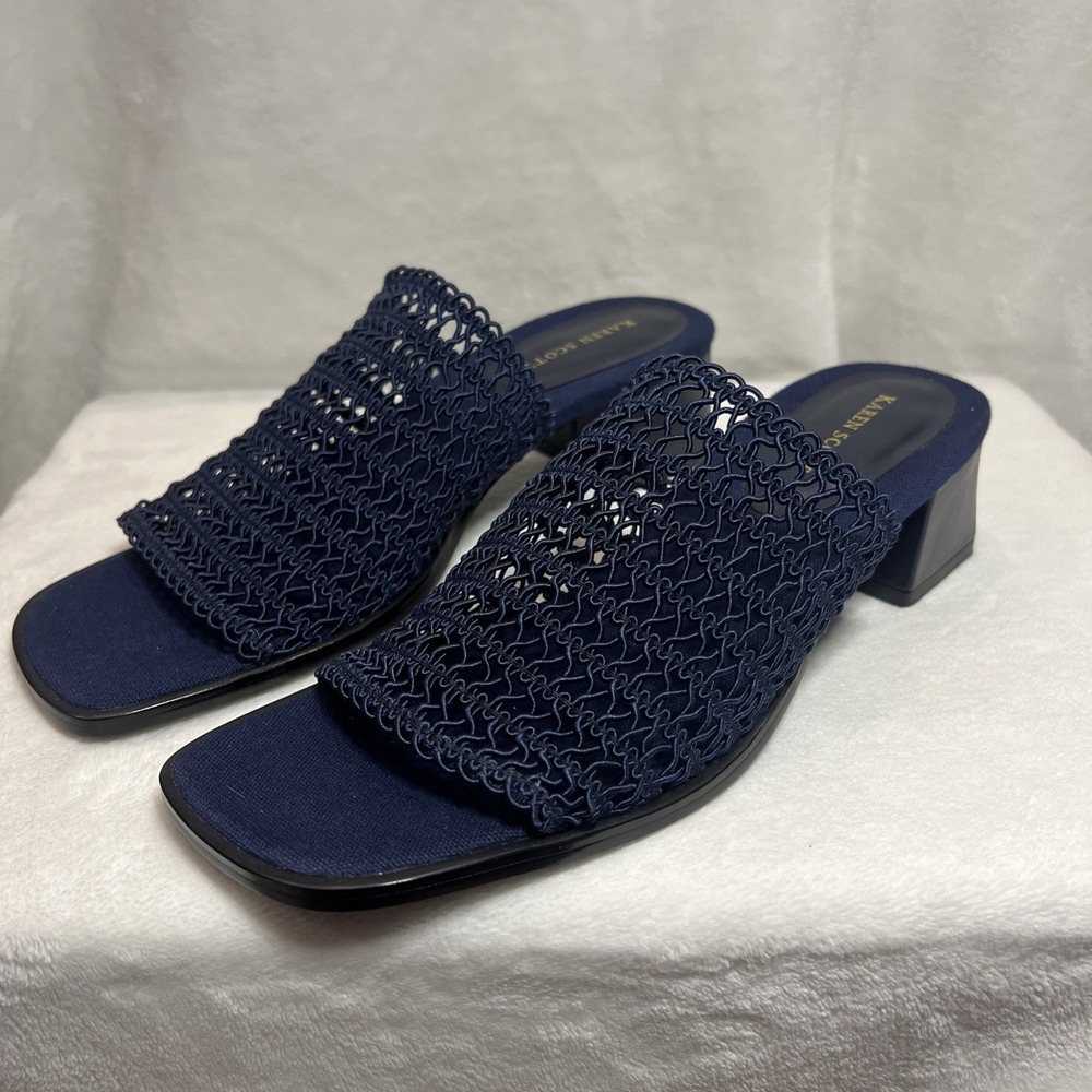 Karen Scott Bel Harbor Navy Mesh Slide Sandals Block Heel Women's Size 7M